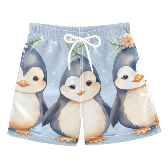 Two Penguins in Love Boys Swim Trunks Quick Dry Boy Swim Shorts for 3-14 Years