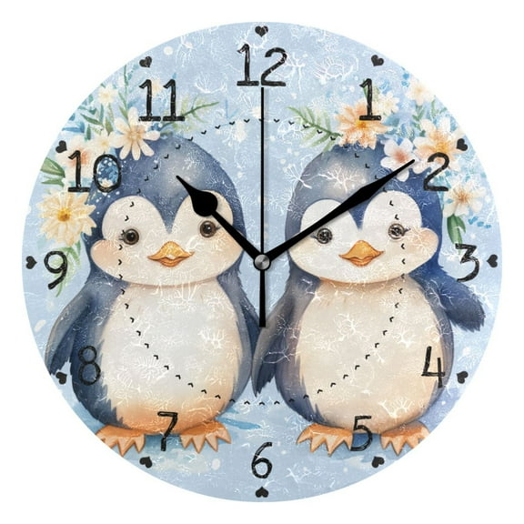 Two Penguins in Love Round Wall Clock Silent Battery Operated Home Decor for Living Room Bedroom