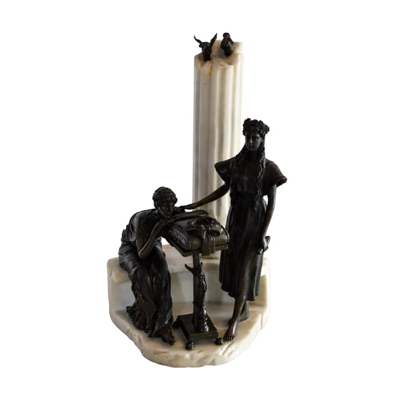 Two Pensive Goddesses by Marbe Pillar Bronze Statue 8" x 8" x 13"H