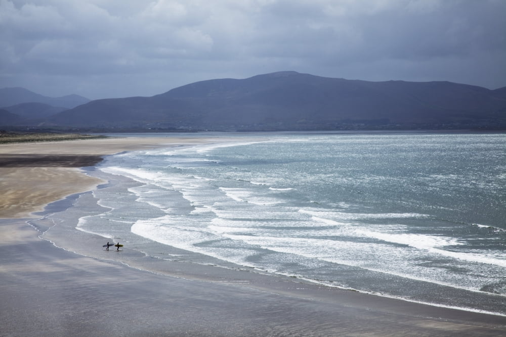 Two People Walking With Surfboards On The Beach In Inch On The Dingle Peninsula County Kerry Ireland Canvas Art - Peter Zoeller Design Pics (19 x 12)