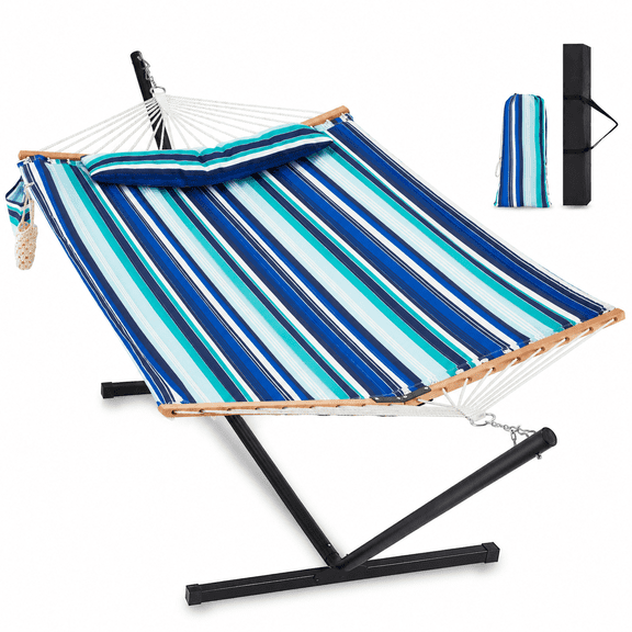 Two Person Blue Stripes Hammock With Stand For Indoor Outdoor Use