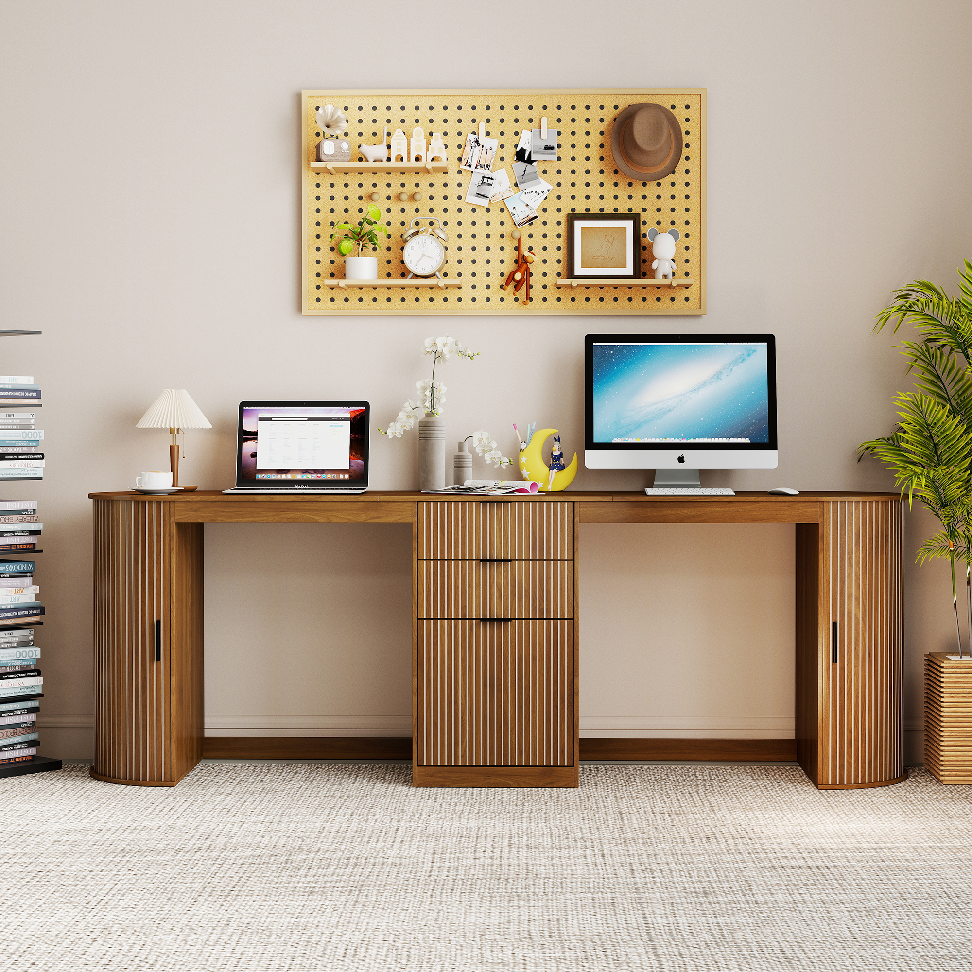 Two Person Computer Desk, Home Office Desk with Storage Drawers, Walnut