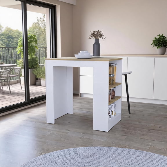 Two-Person Counter Height Kitchen Island Table with 3-Side Shelf, Rectangular, White and Macadamia, Particle Board