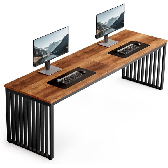 Two Person Desk, 78.74" Extra Long Computer Desk for 2 People, Rustic Brown Wooden Double Study Desk with Black Heavy Duty Metal Legs, Large Business Workstation for Home Office