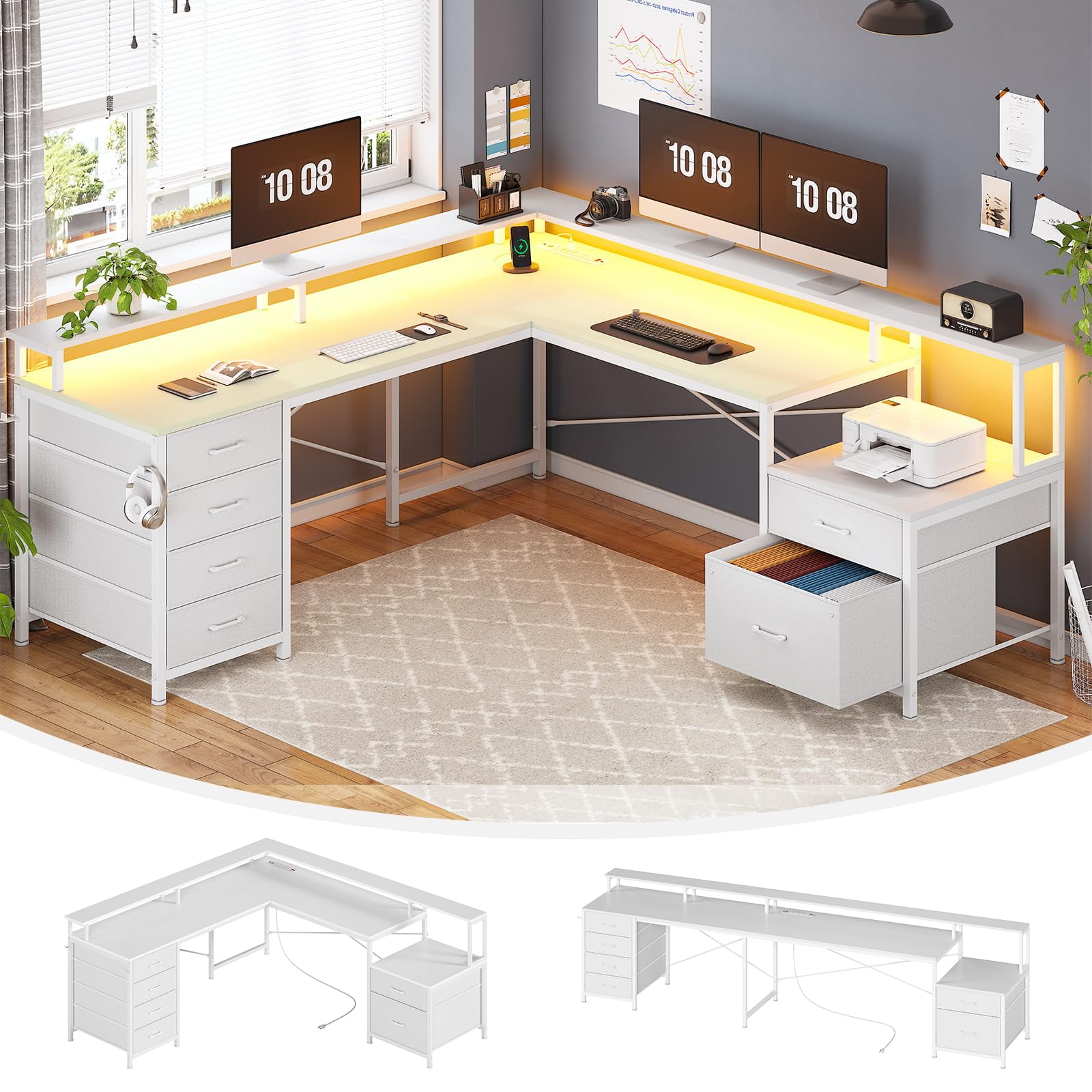 Two Person Desk, Gaming Desk with Led Lights, 108" Home Office Desk with File Drawer & Power Outlet, Corner Computer Desk with Monitor Shelf, File Cabinet and 6 Drawer, White