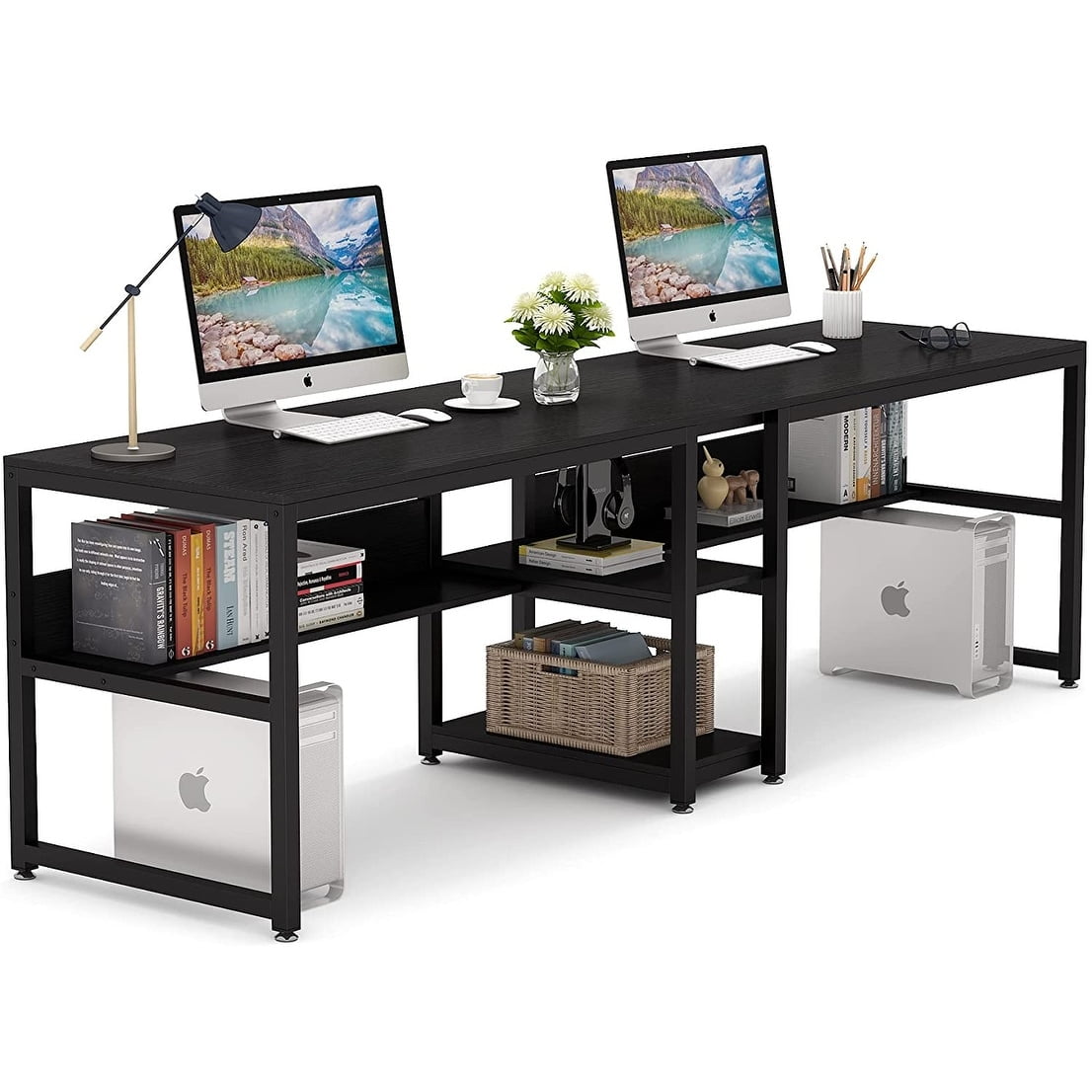 Black Double Workstation Desk with Shelves for Two