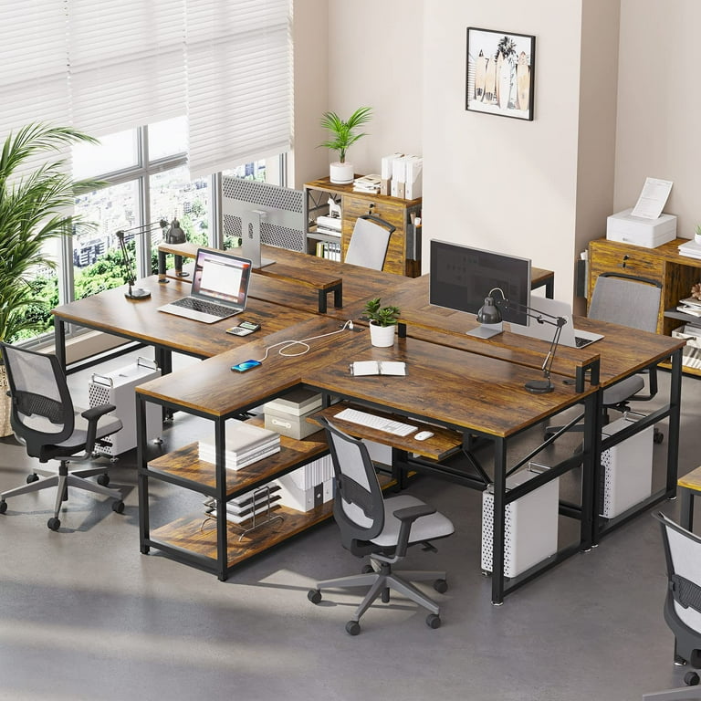 Two Person Desk with LED Lights and Storage Shelves Computer Desk for Home Office Rustic Brown Walmart