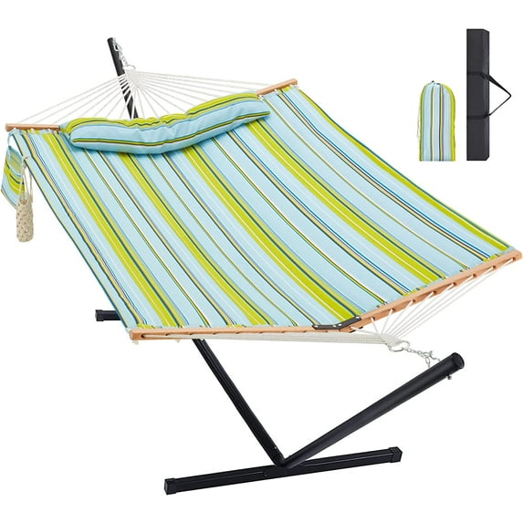 Two Person Hammock with Stand Heavy Duty, Outdoor Patio Hammock with Portable Steel Stand, Large Double Hammocks,480lbs Capacity. (Light Blue Stripes)