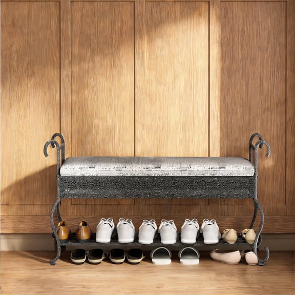 Two-Person Industrial Rustic Entryway Bench with Shoe Rack, Jet Black Upholstered Seat, Metal Frame