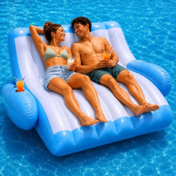 Two Person Inflatable Pool Recliner Adult Lounger Float with Cup Holder