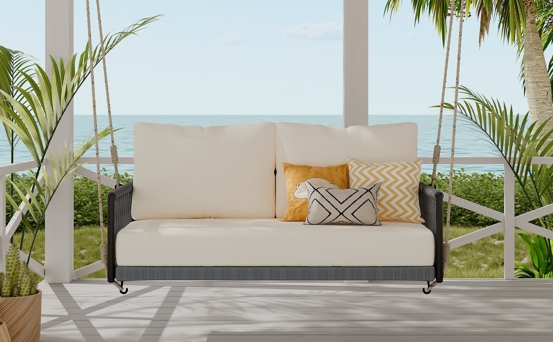 TREXM 1-Piece Woven Rope Outdoor Swing Sofa with Soft Cushions Seating 2 for Patio, Courtyard and Balcony (Light Grey)