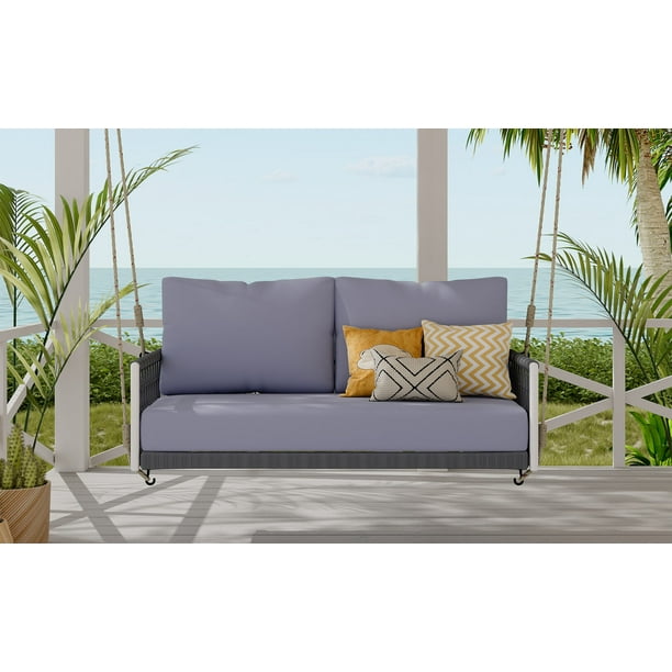 Two Person Outdoor Swing Sofa Woven Rope Outdoor Swing Sofa with Soft Cushions Seating 2 Charming Patio Furniture with Supportive Backrest for Patio Courtyard Balcony Outdoor and Porch Light Grey Walm...