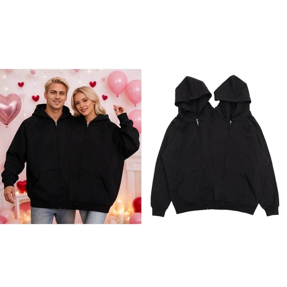 Two Person Sweatshirt Double Hoodie for Couple Long Sleeve Zip Up Couple Matching Outfits Valentine's Day Hoodie Couple