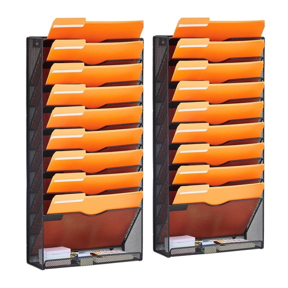 Two Piece 10 Pocket Mesh Wall File Rack Metal Wall Mounted Organizer with Name Tag for Mail Magazine Paper Document Storage in Office Home School
