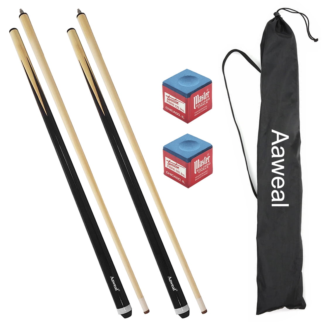 Two Piece 57" Wood Pool Cue Billiard Sticks with Bag & Chalks 1/2