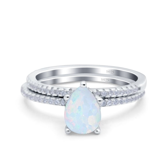 Two Piece Art Deco Pear Cut Bridal Set Ring Band White Opal 925 Sterling Silver Size 5