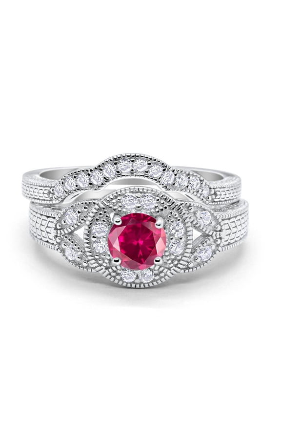 Two Piece Art Deco Wedding Set Round Ring Ruby CZ 925 Sterling Silver Size 7