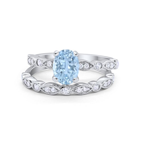 Two Piece Band Engagement Ring Oval Aquamarine CZ 925 Sterling Silver Size 7