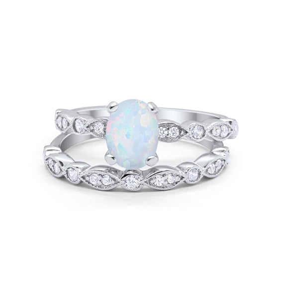 Two Piece Band Ring Oval Lab Created White Opal 925 Sterling Silver Size 5