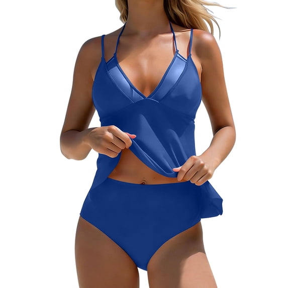 Two Piece Bathing Suit V Neck Tankini Swimsuits for Women Athletic Womens Bathing Suits Tank Tops with Board Shorts Solid Color Mesh Set
