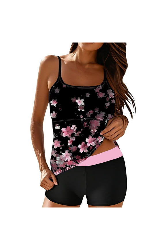Two Piece Bathing Suit for Womens U Neck Tankini Swimsuits Self Tie Spaghetti Straps Swim Suits Low Rise Tummy Control Bikini Set Pool Party Beach Vacation Swimdress