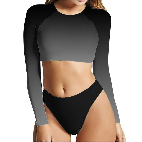 Two Piece Bathing Suits for Women,Long Sleeve Gradient Crewneck Tankini Top and Cheeky Swimwear Bottom