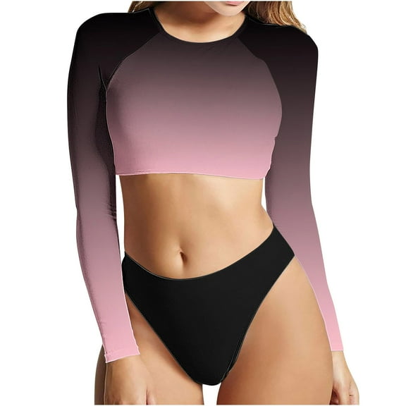 Two Piece Bathing Suits for Women,Long Sleeve Gradient Crewneck Tankini Top and Cheeky Swimwear Bottom