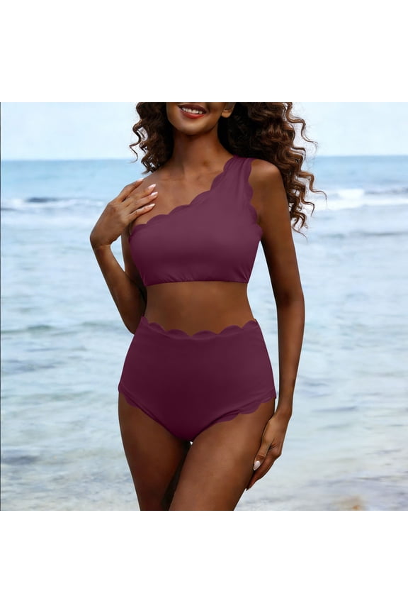 Two Piece Bikini Set for Women Scalloped Trim One Shoulder High Waisted Bathing Suit Flattering Cut Out Stretchy Swimwear for Pool Party