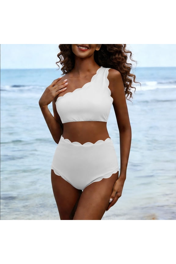 Two Piece Bikini Set for Women Scalloped Trim One Shoulder High Waisted Bathing Suit Flattering Cut Out Stretchy Swimwear for Pool Party