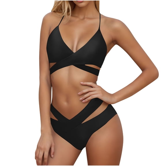 Two Piece Bikini Sets For Women High Waist Bikini Push Up Swimsuit Halter Wrap Criss Cross Bathing Suit (XL, Black)