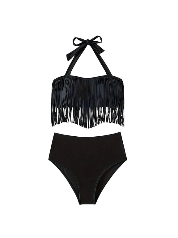 Two Piece Bikini Sets for Women Halter Neck Fringe Bikini Tops & Tummy Control High-Waisted Bottoms Sexy Fashion Swimwear Stretchy Trendy Swim Suit Slim Fit Causal Bathing Suits