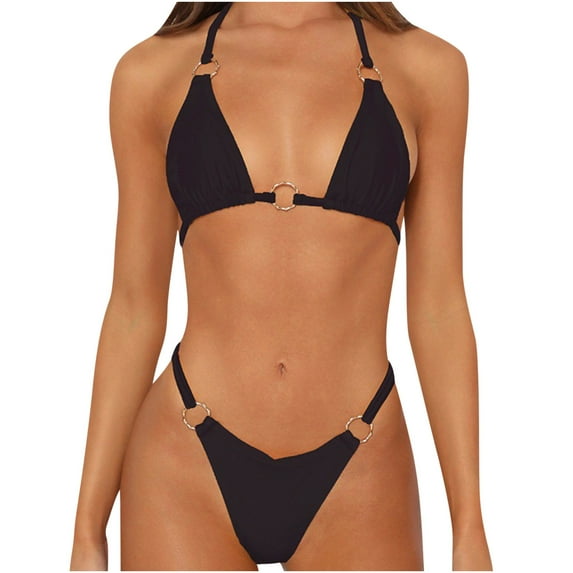 Two Piece Bikini Sets for Women Ruched Triangle Bikini Halter String Back Tie Bikini Ring Swimsuit Cheeky Thong Bikini Clearance Sale Items Cheapeast On Sale