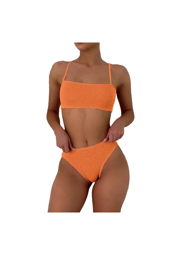 Two Piece Bikini Sets for Women Built-in Padded Cups Ribbed Bandeau Top High Waisted High Cut Bathing Suits Cheeky Slimming Sporty Swimwear