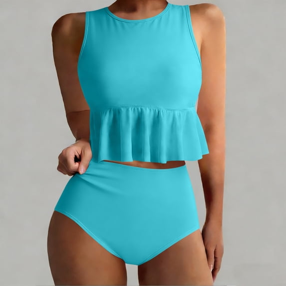 Two Piece Bikini Sets for Women High Waisted Ruffle Tube Swim Top Full Coverage Bikini Bottom Bathing Suit Beachwear