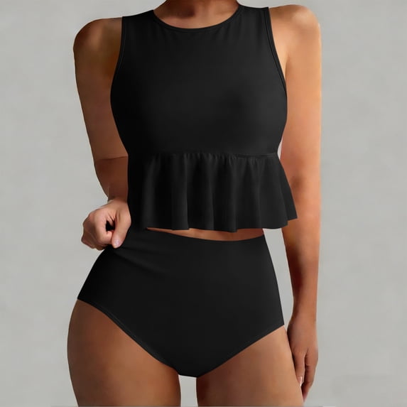 Two Piece Bikini Sets for Women High Waisted Ruffle Tube Swim Top Full Coverage Bikini Bottom Bathing Suit Beachwear