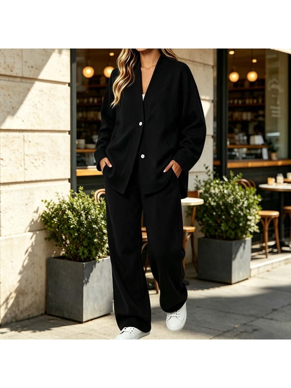Two-Piece Blazer Cardigan and Wide Leg Pants Set French Terry Loungewear for Women