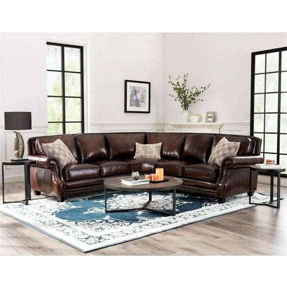 Two Piece Brown Leather Sectional With Nailheads
