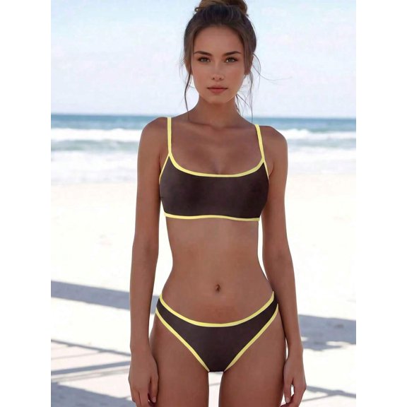 Two-Piece Brownish-Yellow With Bright Yellow Trim Bikini Set For Beach Vacation Summer