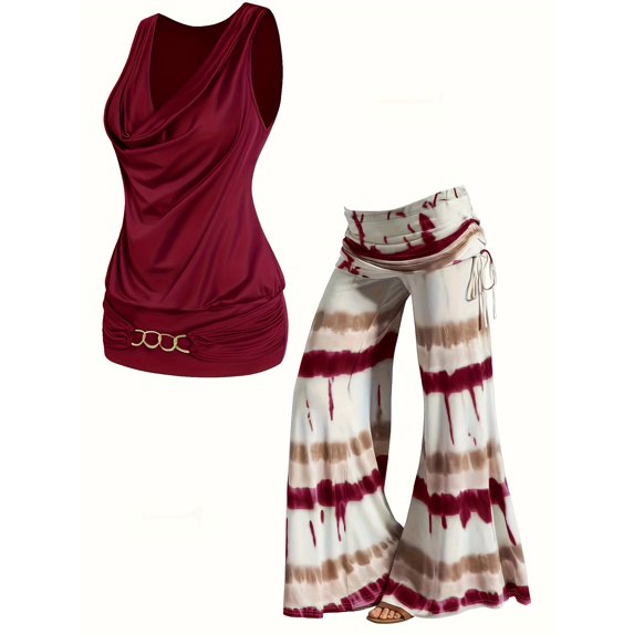 Two Piece Casual Set With Tie-Dye Wide Leg Pants And Women's Turtleneck Vest