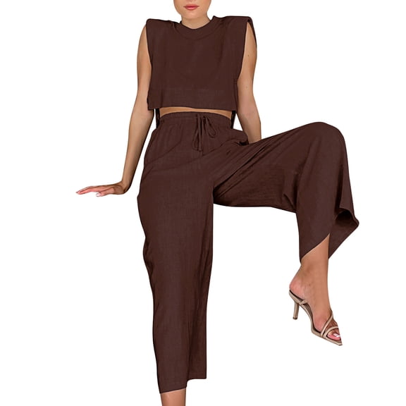 Two Piece Casual Set for Women Round Neck Tank Tops with High Waisted Flare Pants Loose Fit Summer Outfits Vacation