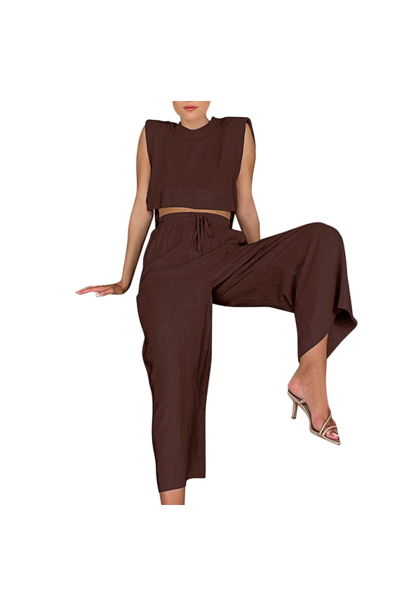 Two Piece Casual Set for Women Round Neck Tank Tops with High Waisted Flare Pants Loose Fit Summer Outfits Vacation