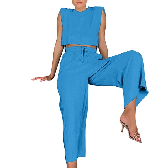 Two Piece Casual Set for Women Round Neck Tank Tops with High Waisted Flare Pants Loose Fit Summer Outfits Vacation