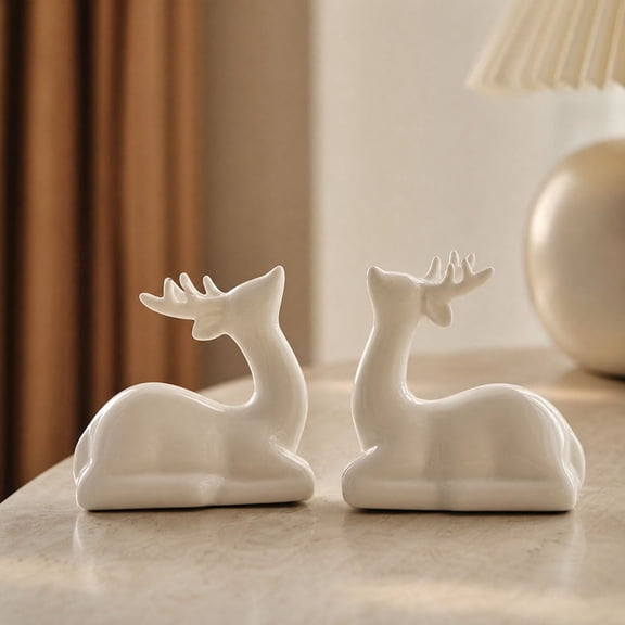 Two-Piece Ceramic Deer Figurine Set for Holiday Tabletop Mantel Shelf and Home Decor