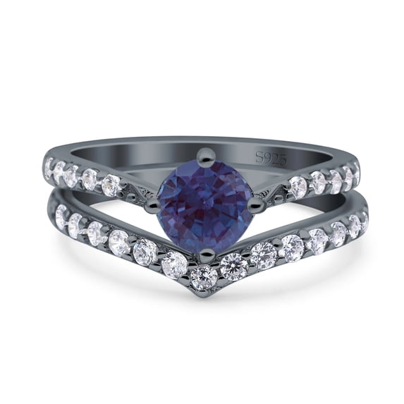 Two Piece Chevron Lab Alexandrite Round Ring 925 Sterling Silver Size 7