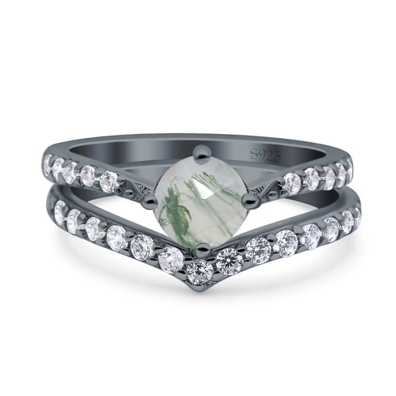Two Piece Chevron Natural Green Moss Agate Round Ring 925 Sterling Silver Size 6