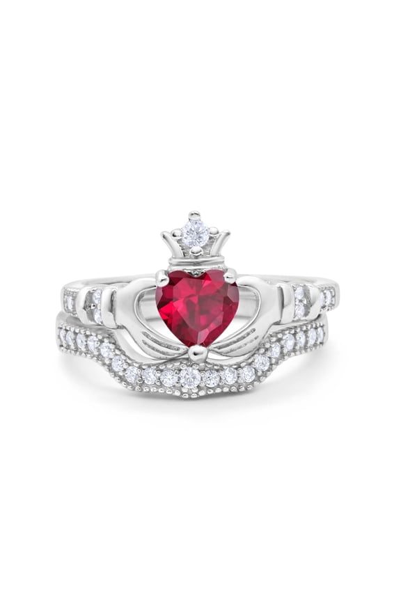 Two Piece Claddagh Band Set Heart Ring Ruby CZ 925 Sterling Silver Size 9