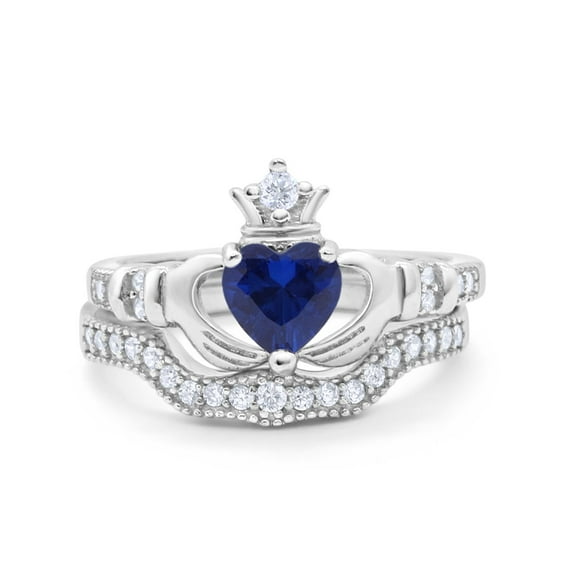 Two Piece Claddagh Ring Band Heart Simulated Ruby CZ 925 Sterling Silver Size 10