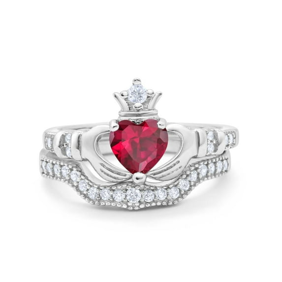 Two Piece Claddagh Ring Band Heart Simulated Ruby CZ 925 Sterling Silver Size 7