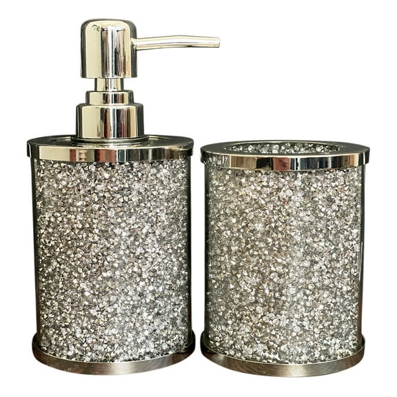 Two Piece Clear and Silver Glass and Metal Bling Bathroom Accessory Set