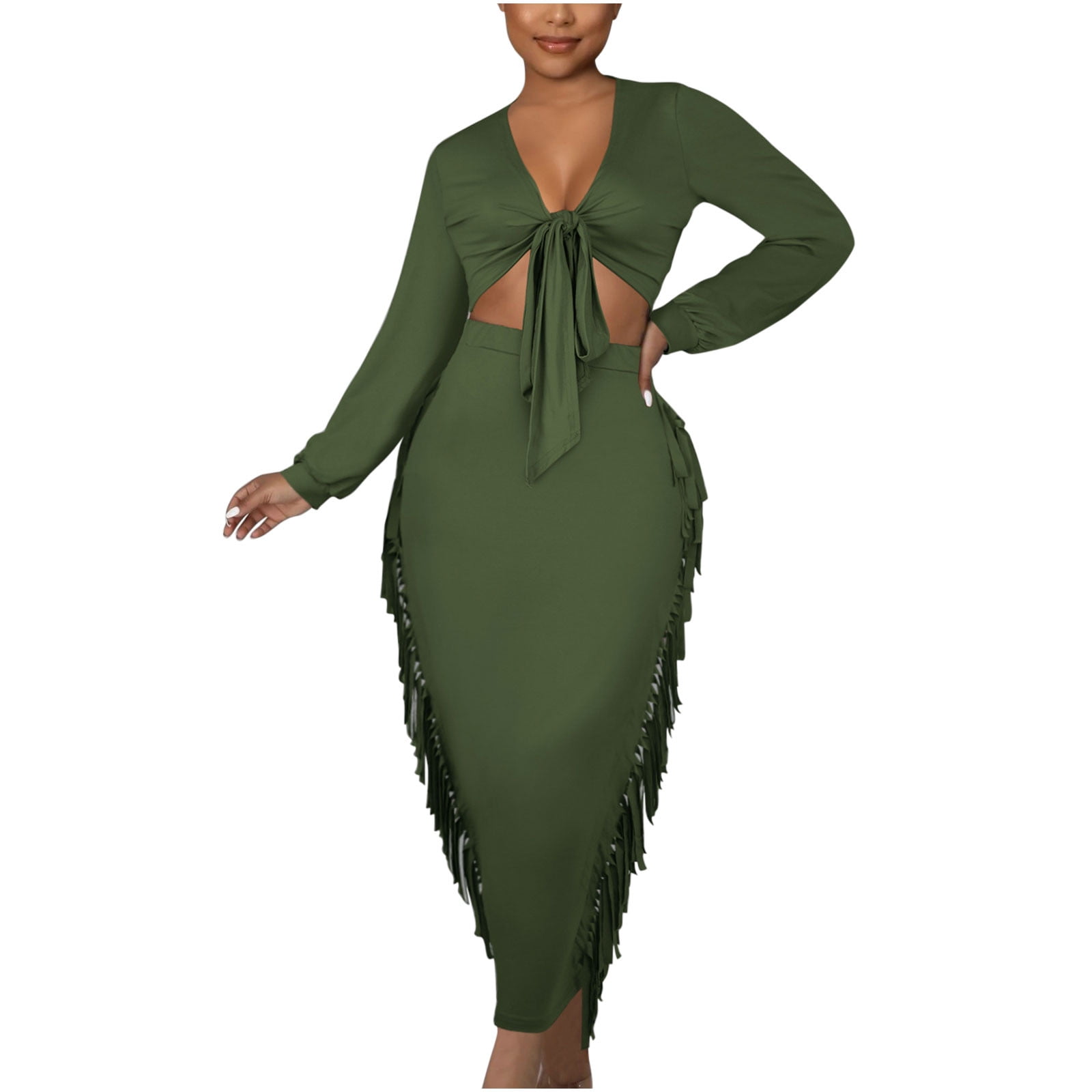 Two Piece Club Outfit for Women Long Sleeve Front Tie Up Crop Top Blouse Fringe Slim Fitted Pencil Skirt Maxi Dress Walmart Business Supplies